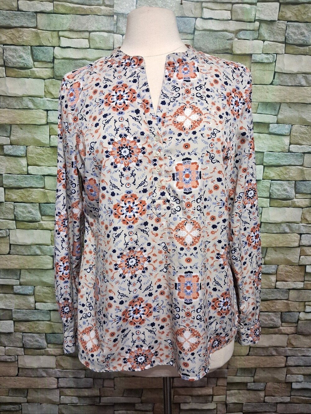 Architect Cream Blouse Navy Peach Medallion Print